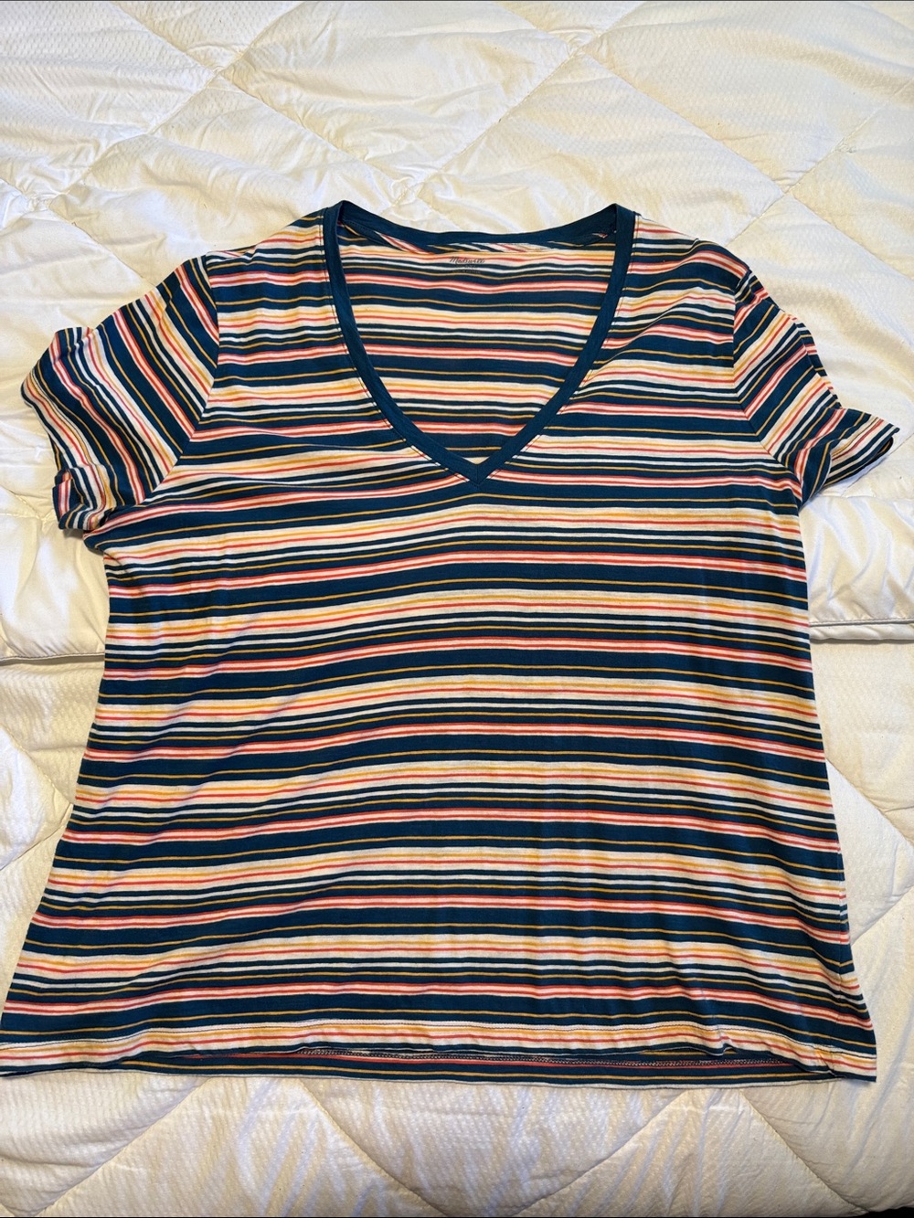 Madewell Navy, red yellow & Cream Striped V-Neck Tee women’s xxl